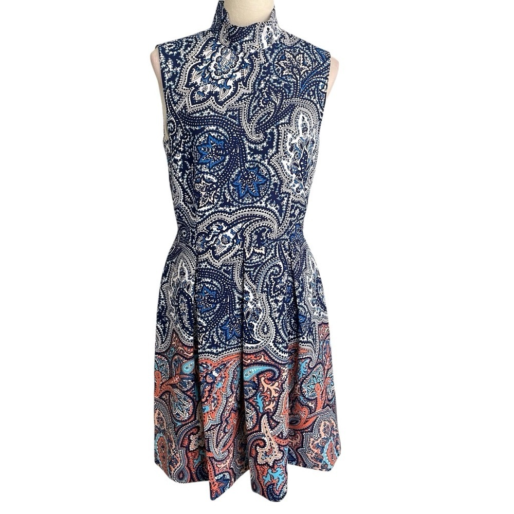 Antonio Melani Hudson Floral Paisley Mock Blue Sleeveless Pleated Dress Women‎ 8